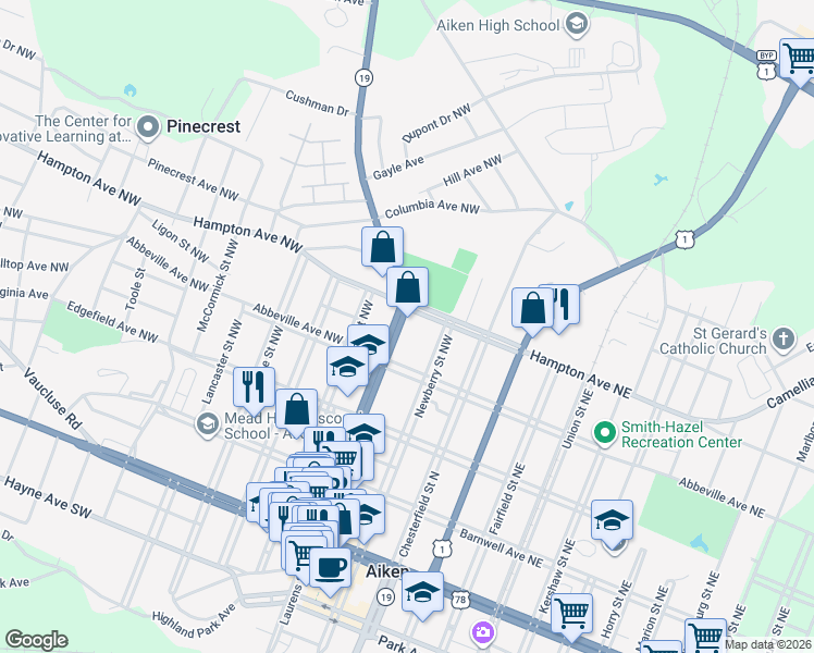 map of restaurants, bars, coffee shops, grocery stores, and more near 438 Laurens Street Northwest in Aiken