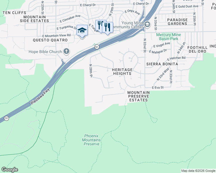 map of restaurants, bars, coffee shops, grocery stores, and more near 2848 East Cobre Drive in Phoenix