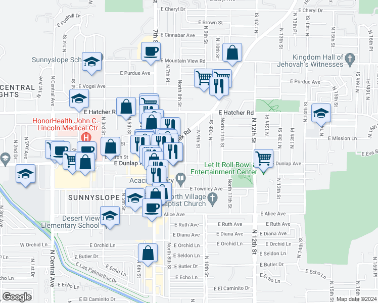 map of restaurants, bars, coffee shops, grocery stores, and more near 9017 North 8th Street in Phoenix