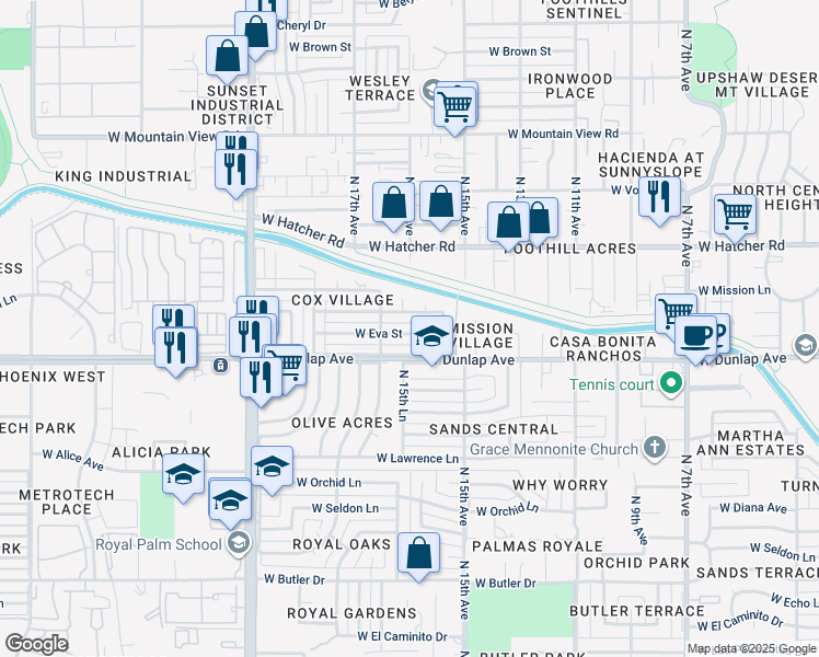 map of restaurants, bars, coffee shops, grocery stores, and more near 1602 West Eva Street in Phoenix