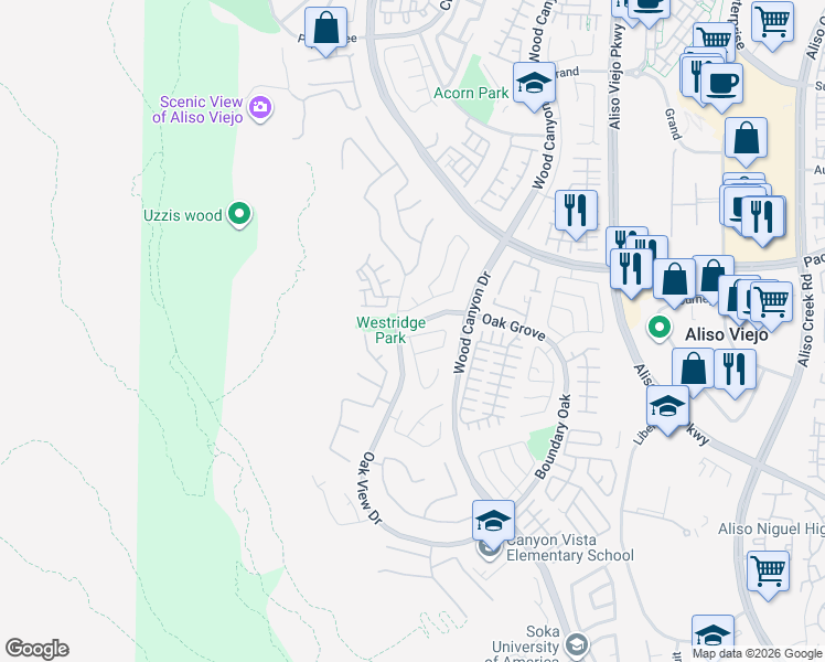 map of restaurants, bars, coffee shops, grocery stores, and more near 9 Bel Flora Court in Aliso Viejo