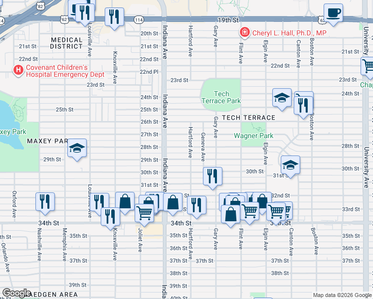 map of restaurants, bars, coffee shops, grocery stores, and more near 3303 28th Street in Lubbock