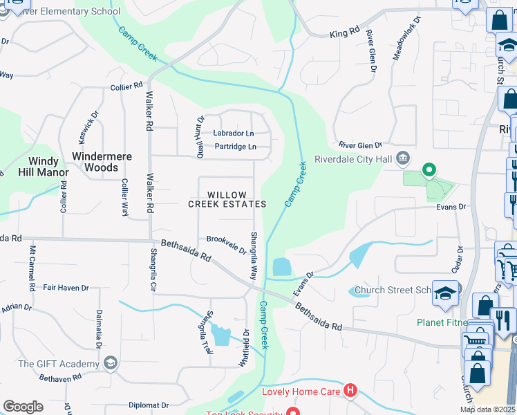 map of restaurants, bars, coffee shops, grocery stores, and more near 6832 Shangrila Way in Riverdale