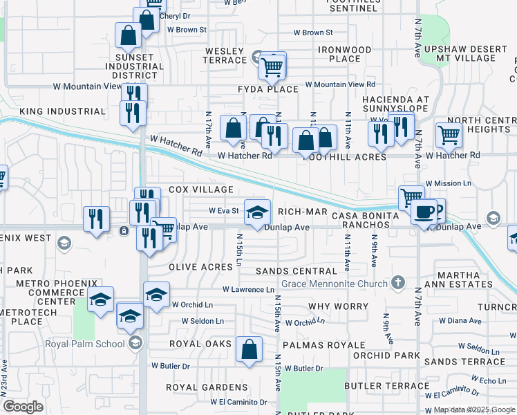 map of restaurants, bars, coffee shops, grocery stores, and more near 9021 North 15th Drive in Phoenix