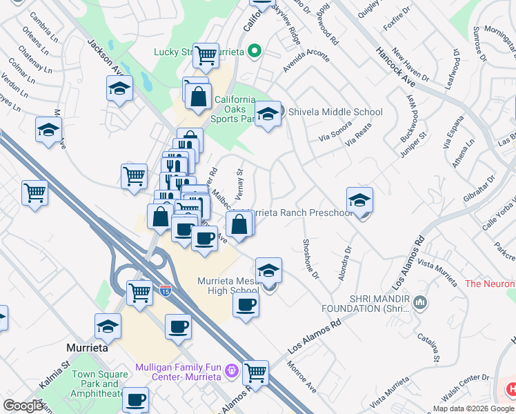 map of restaurants, bars, coffee shops, grocery stores, and more near 40668 Geyser Street in Murrieta