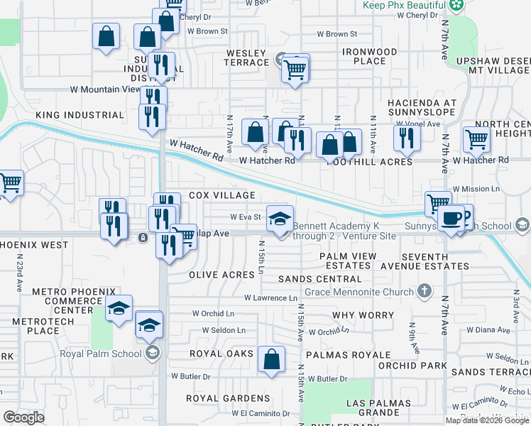 map of restaurants, bars, coffee shops, grocery stores, and more near 1602 West Eva Street in Phoenix