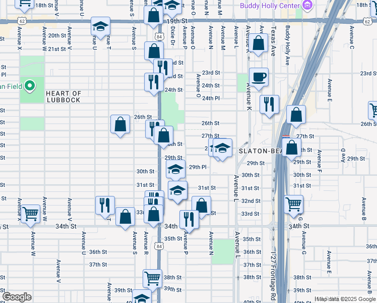 map of restaurants, bars, coffee shops, grocery stores, and more near 1523 28th Street in Lubbock