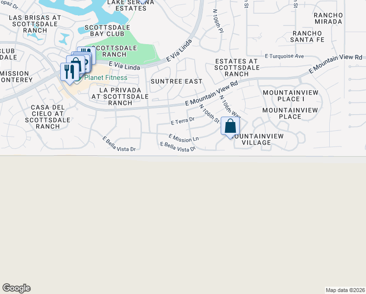 map of restaurants, bars, coffee shops, grocery stores, and more near 10510 East Bella Vista Drive in Scottsdale