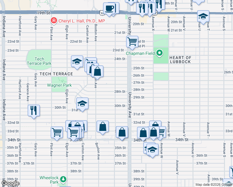 map of restaurants, bars, coffee shops, grocery stores, and more near 2601 28th Street in Lubbock