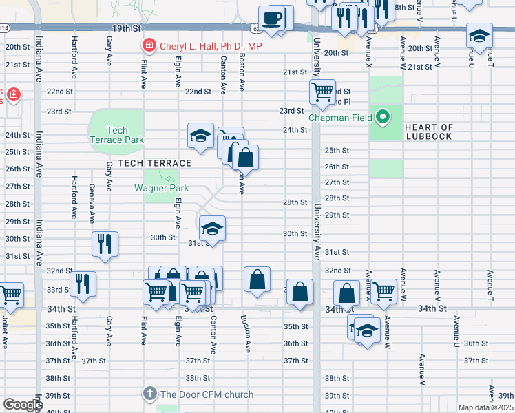 map of restaurants, bars, coffee shops, grocery stores, and more near 2615 28th Street in Lubbock