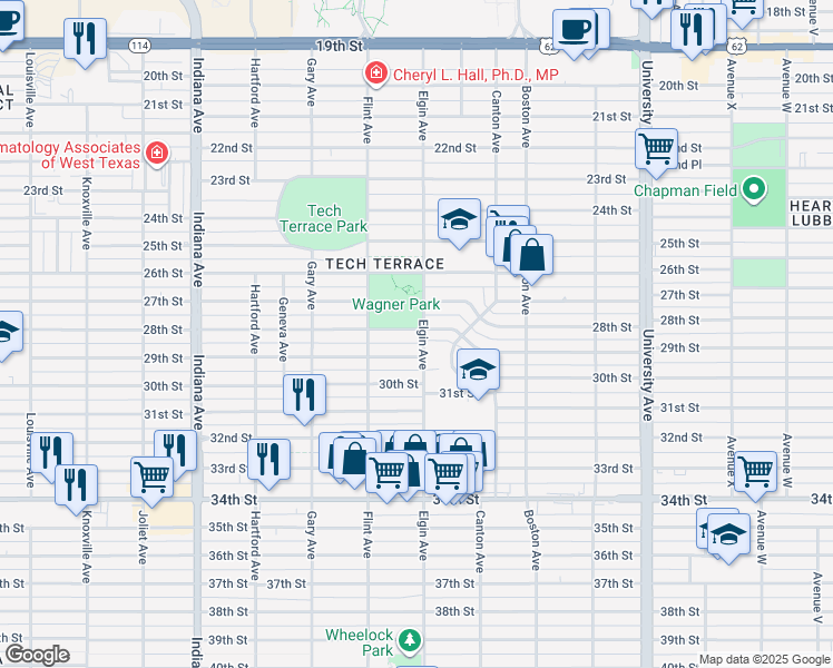 map of restaurants, bars, coffee shops, grocery stores, and more near 3009 28th Street in Lubbock