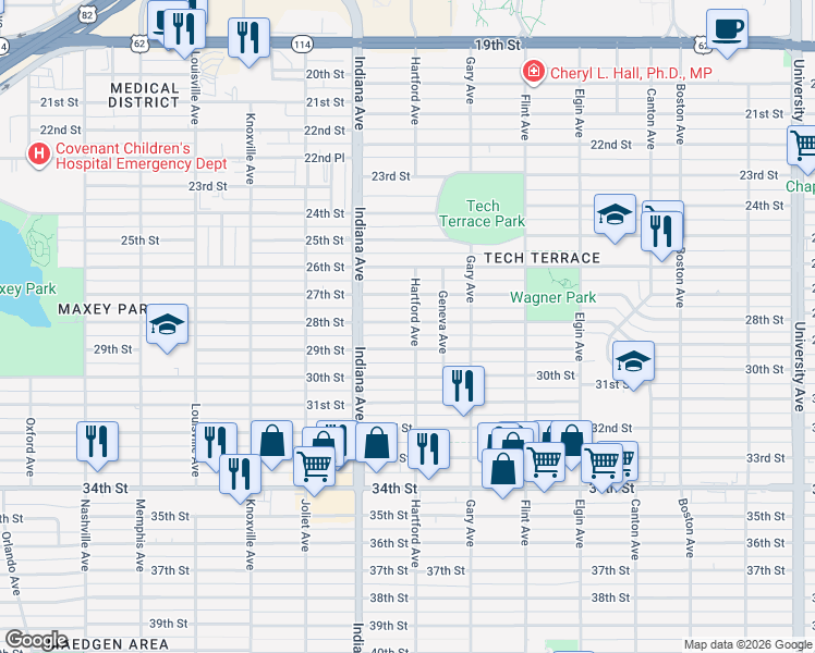 map of restaurants, bars, coffee shops, grocery stores, and more near 3303 28th Street in Lubbock