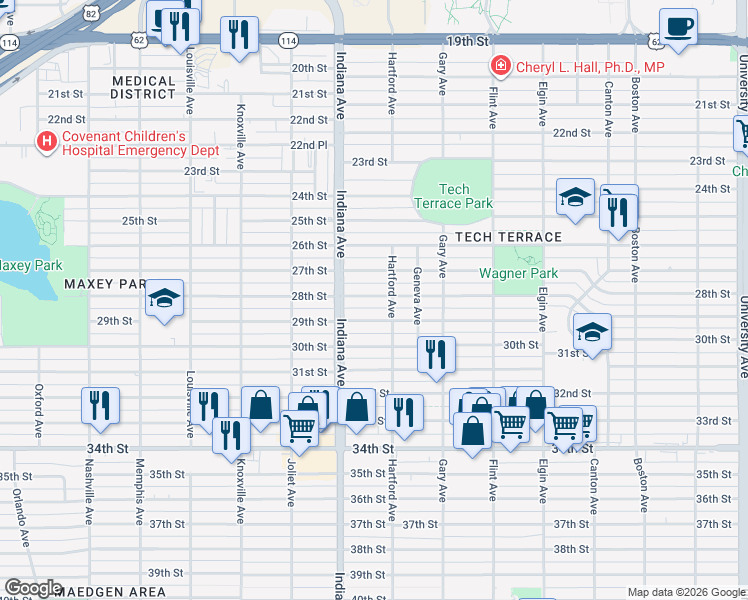 map of restaurants, bars, coffee shops, grocery stores, and more near 3303 28th Street in Lubbock