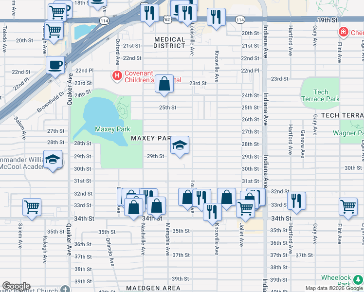 map of restaurants, bars, coffee shops, grocery stores, and more near 3707 28th Street in Lubbock