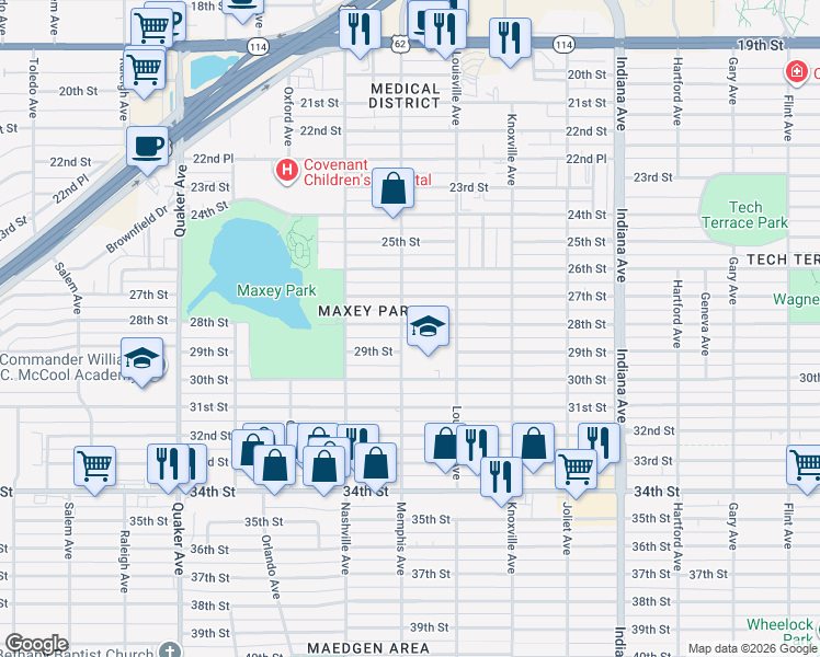 map of restaurants, bars, coffee shops, grocery stores, and more near 3801 28th Street in Lubbock