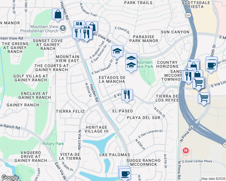 map of restaurants, bars, coffee shops, grocery stores, and more near 8349 East San Rafael Drive in Scottsdale