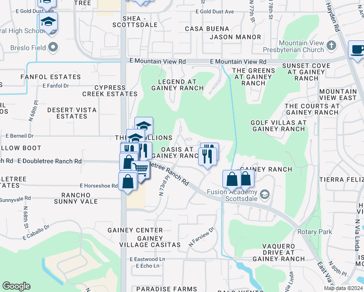 map of restaurants, bars, coffee shops, grocery stores, and more near 7222 East Gainey Ranch Road in Scottsdale