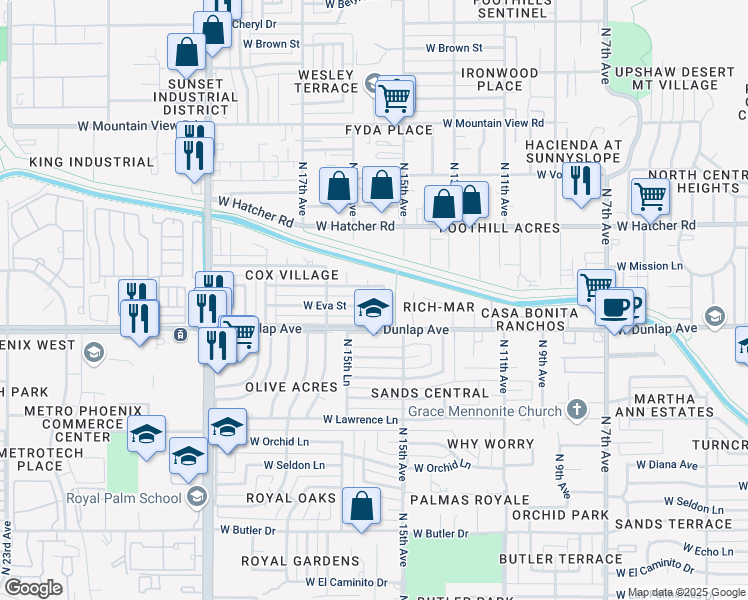 map of restaurants, bars, coffee shops, grocery stores, and more near 9021 North 15th Drive in Phoenix