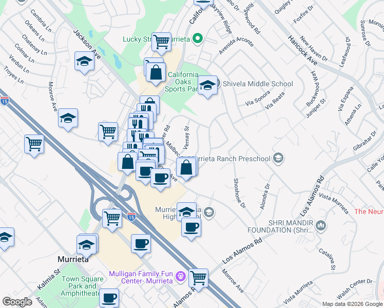 map of restaurants, bars, coffee shops, grocery stores, and more near 40691 Geyser Street in Murrieta