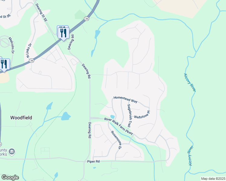map of restaurants, bars, coffee shops, grocery stores, and more near 70 Woodcliff Way in Covington