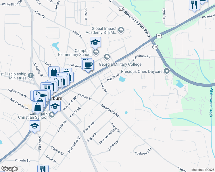 map of restaurants, bars, coffee shops, grocery stores, and more near 74 Clay Street in Fairburn