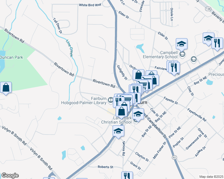 map of restaurants, bars, coffee shops, grocery stores, and more near 114 RiverTown Road in Fairburn