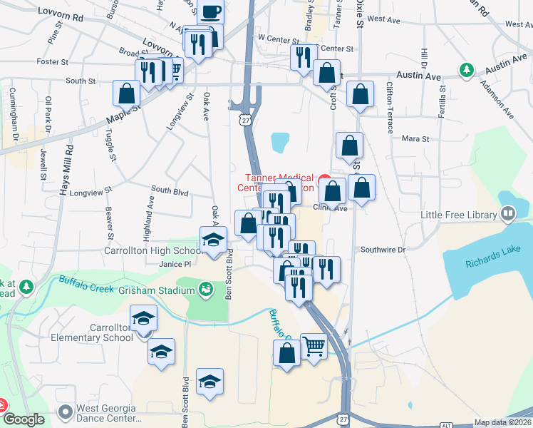 map of restaurants, bars, coffee shops, grocery stores, and more near 102 Trojan Drive in Carrollton