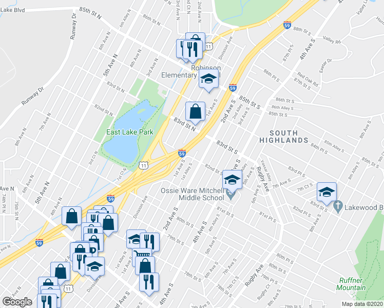 map of restaurants, bars, coffee shops, grocery stores, and more near 109 82nd Street South in Birmingham