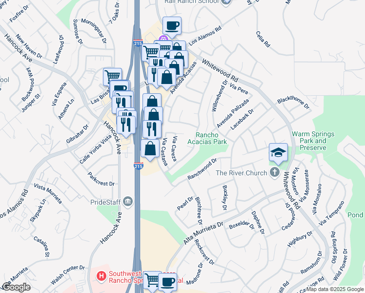 map of restaurants, bars, coffee shops, grocery stores, and more near 25253 Corte Mandarina in Murrieta