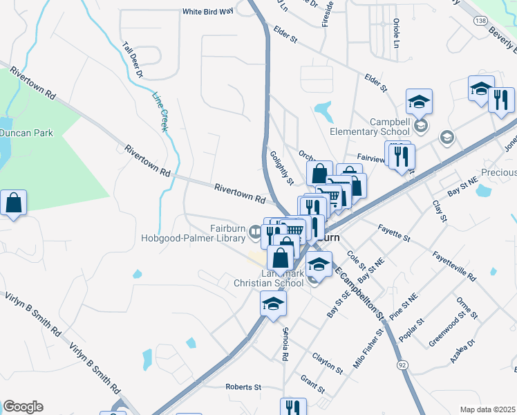 map of restaurants, bars, coffee shops, grocery stores, and more near 114 RiverTown Road in Fairburn