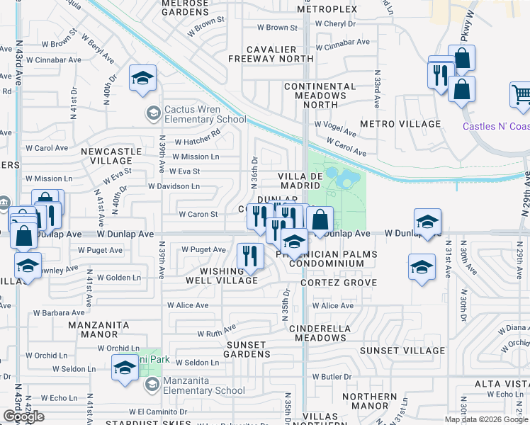 map of restaurants, bars, coffee shops, grocery stores, and more near 9025 North 36th Drive in Phoenix