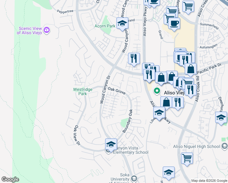 map of restaurants, bars, coffee shops, grocery stores, and more near 1 Rex Court in Aliso Viejo