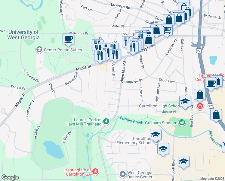 map of restaurants, bars, coffee shops, grocery stores, and more near 233 Hays Mill Road in Carrollton