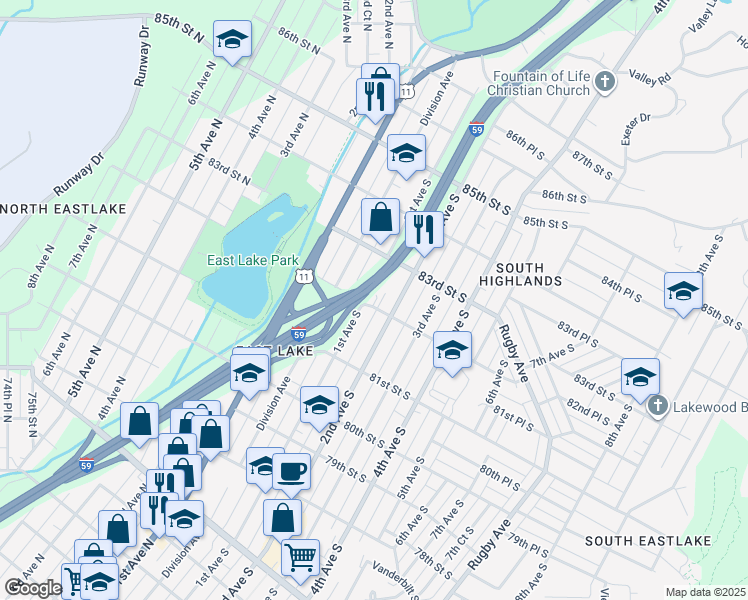 map of restaurants, bars, coffee shops, grocery stores, and more near 109 82nd Street South in Birmingham