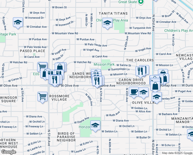 map of restaurants, bars, coffee shops, grocery stores, and more near 4720 West Eva Street in Glendale