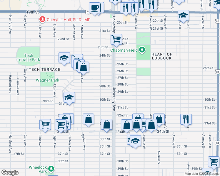map of restaurants, bars, coffee shops, grocery stores, and more near 2505 28th Street in Lubbock