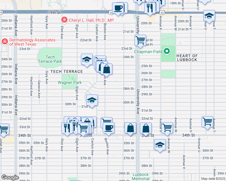 map of restaurants, bars, coffee shops, grocery stores, and more near 2615 28th Street in Lubbock