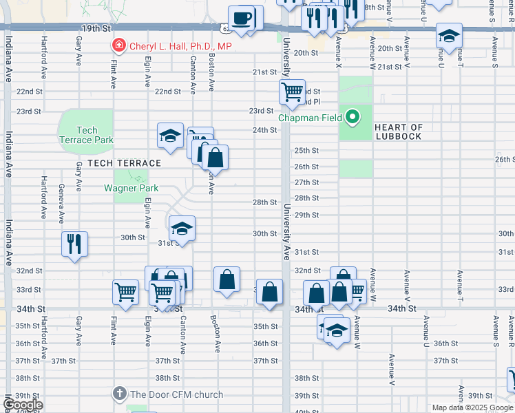map of restaurants, bars, coffee shops, grocery stores, and more near 2601 28th Street in Lubbock