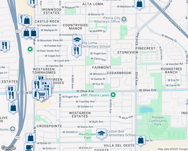 map of restaurants, bars, coffee shops, grocery stores, and more near 8609 West Mission Lane in Peoria