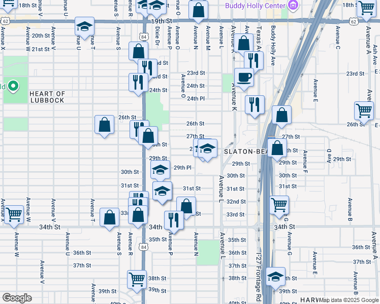 map of restaurants, bars, coffee shops, grocery stores, and more near 1505 28th Street in Lubbock