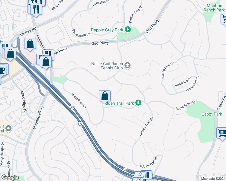 map of restaurants, bars, coffee shops, grocery stores, and more near 27171 Shenandoah Drive in Laguna Hills