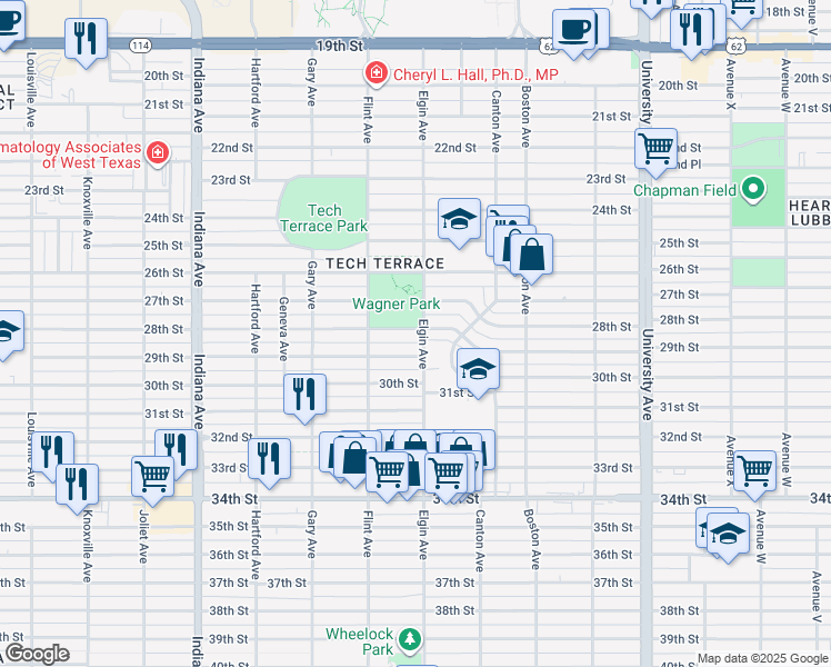 map of restaurants, bars, coffee shops, grocery stores, and more near 3009 28th Street in Lubbock