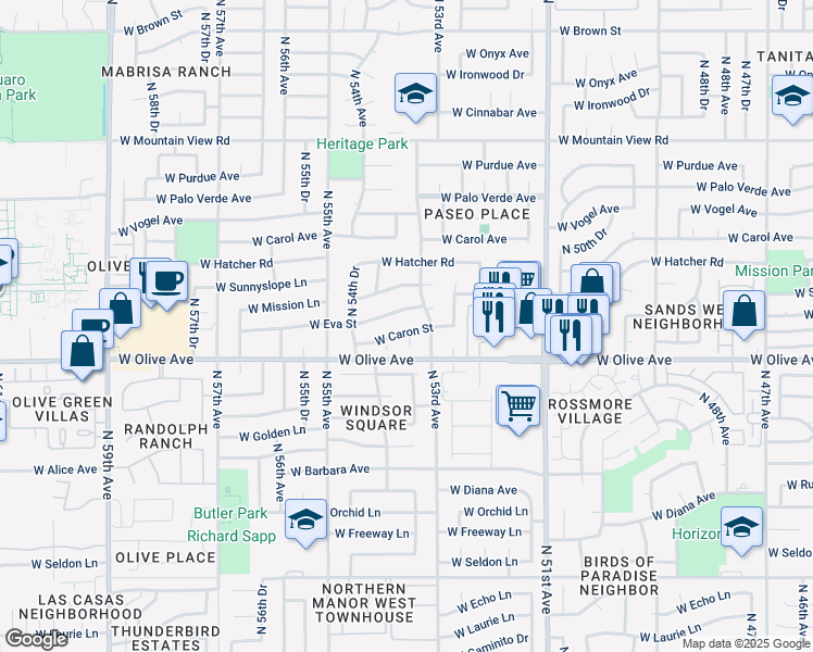 map of restaurants, bars, coffee shops, grocery stores, and more near 5322 West Caron Street in Glendale