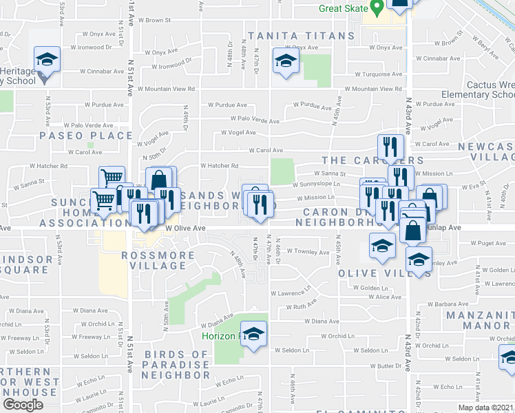 map of restaurants, bars, coffee shops, grocery stores, and more near 4720 West Eva Street in Glendale