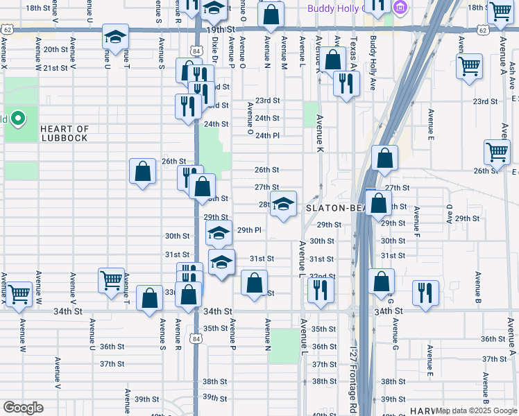 map of restaurants, bars, coffee shops, grocery stores, and more near 1505 28th Street in Lubbock