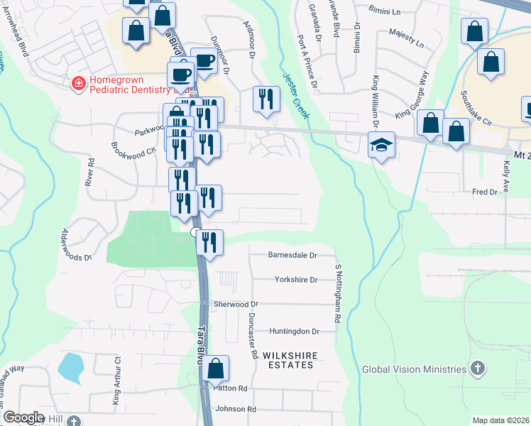 map of restaurants, bars, coffee shops, grocery stores, and more near 703 Georgetown Court in Jonesboro