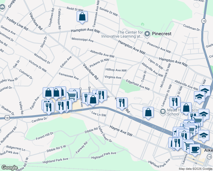 map of restaurants, bars, coffee shops, grocery stores, and more near 2930 Vaucluse Road in Aiken