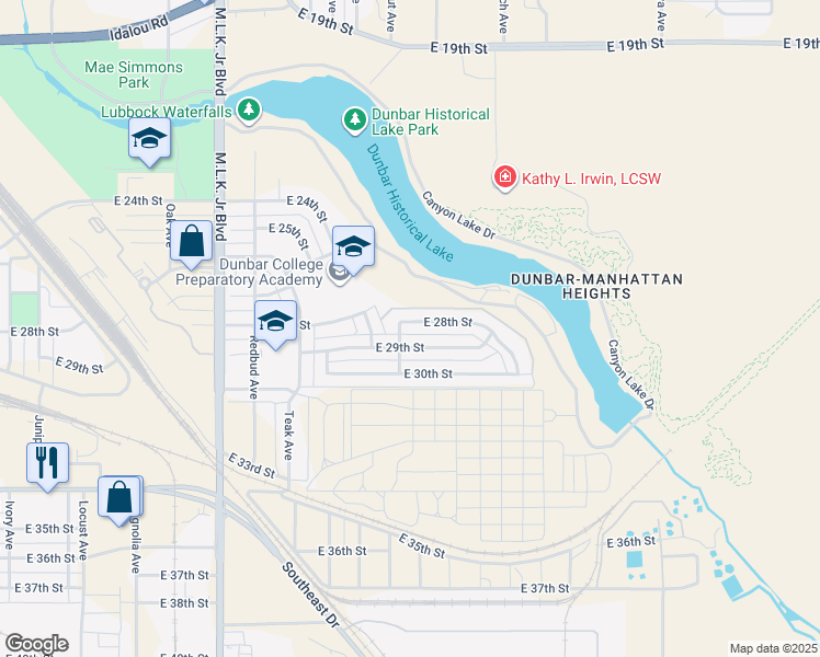 map of restaurants, bars, coffee shops, grocery stores, and more near 2404 East 28th Street in Lubbock