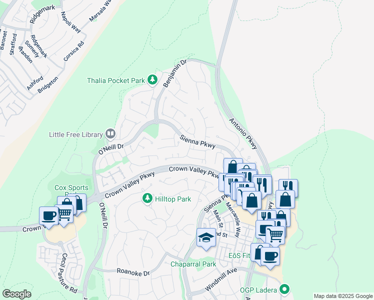 map of restaurants, bars, coffee shops, grocery stores, and more near 15 Iron Horse Trail in Ladera Ranch