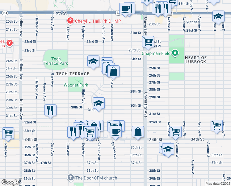 map of restaurants, bars, coffee shops, grocery stores, and more near 2621 28th Street in Lubbock